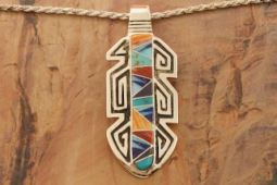 Calvin Begay Genuine Gemstone Sterling Silver Feather Pendant